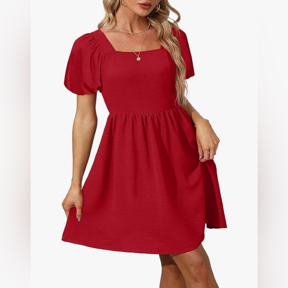 Women Puff Sleeve Square Neck Tie in Back Dresses with Zipper